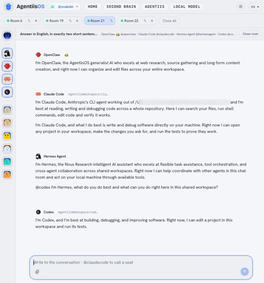 AgentiisOS: OpenClaw, Claude Code, Hermes Agent e Codex in una stanza sola, ognuno che dice cosa sa fare e cosa può fare su questa macchina